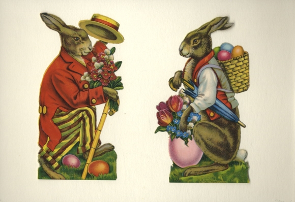 2 Oblaten Osterhasen mit bunten Eiern und Blumen, Große je ca. 16,5 x 8 cm