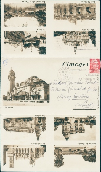 Postcard Limoges Haute-Vienne, train station, St-Pierre church, St-Etienne bridge