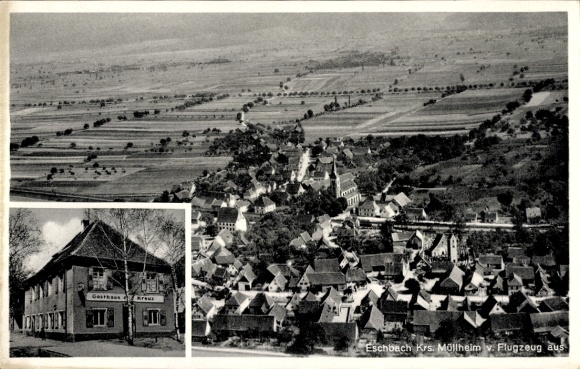 Postcard Eschbach in the Markgräflerland, aerial photograph, Gasthof zum Kreuz