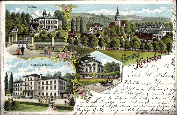 Chromo-Litho Kreischa in the Ore Mountains, Kurhaus Dr. Bartels, branch office, castle