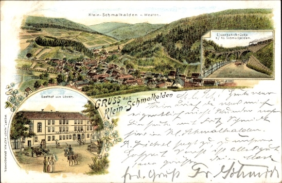 lito Schmalkalden w Lesie Turyńskim, widok całkowity, Gasthof zum Löwen, most kolejowy