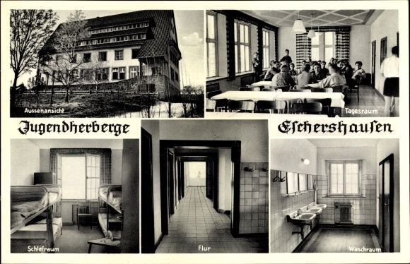Postcard Eschershausen Lower Saxony, youth hostel, bedroom, hallway, washroom