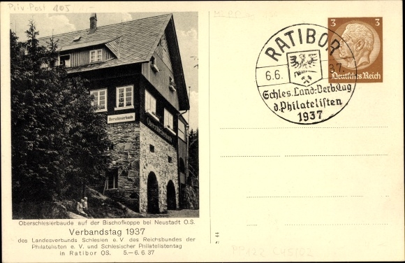 Briefpapier ansichtkaart Prudnik Neustadt Oberschles., Oberschlesierbaude Bischoffskoppe, Filatelistendag 1937