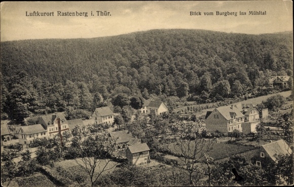Ak Rastenberg im Kreis Sömmerda Thüringen, Gesamtansicht, Burgberg, Mühltal