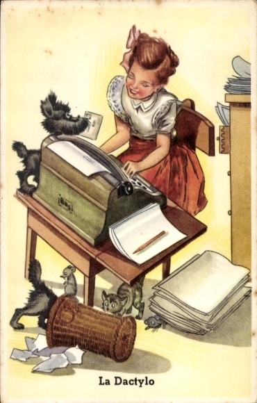 Postcard La Dactylo, girl, typewriter, dog