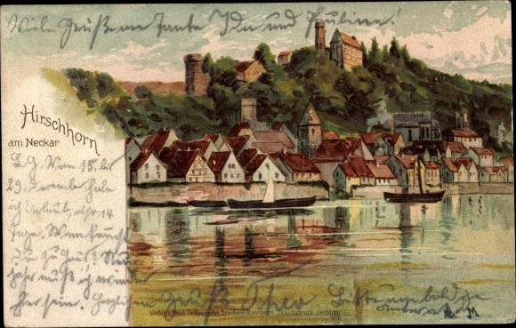 Artist Chromo-Litho Hirschhorn Neckar, view of the town, castle