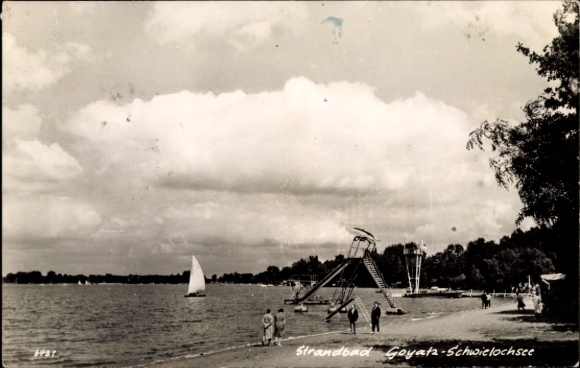Postcard Goyatz Schwielochsee in Lower Lusatia, lido, sailing boat, lifeguard tower