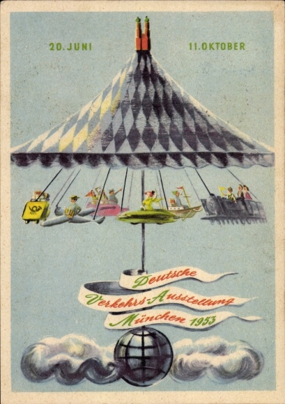 Artist Postcard Marsow, M. v., Munich Bavaria, German Transport Exhibition 1953, Carousel