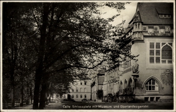 Postcard Celle in Lower Saxony, castle square with museum, higher regional court, trees, old architecture