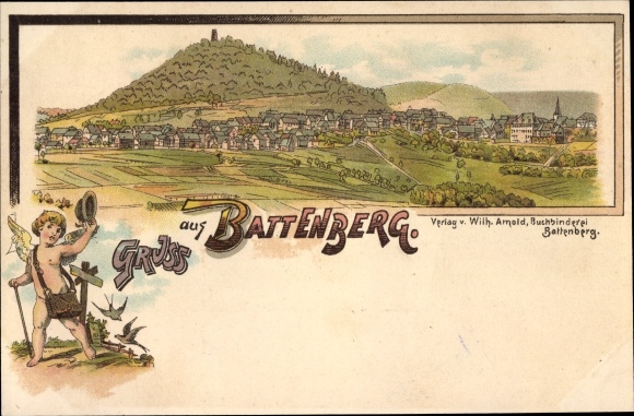 Chromo-Litho Battenberg on the Eder Hesse, place with surroundings, wandering angel