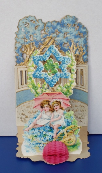 Backdrop card 3D wafer standee, congratulations, children, wheelbarrow, star made of forget-me-nots