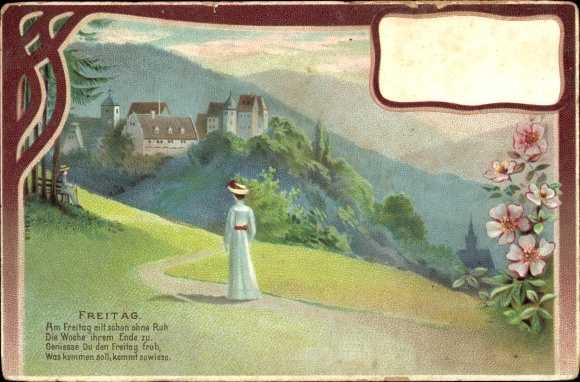 Chromo-Litho allegory, Friday, landscape with village, woman on a path