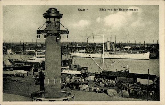 Postcard Szczecin Stettin Pomerania, view from the Hakenterrasse, steamer