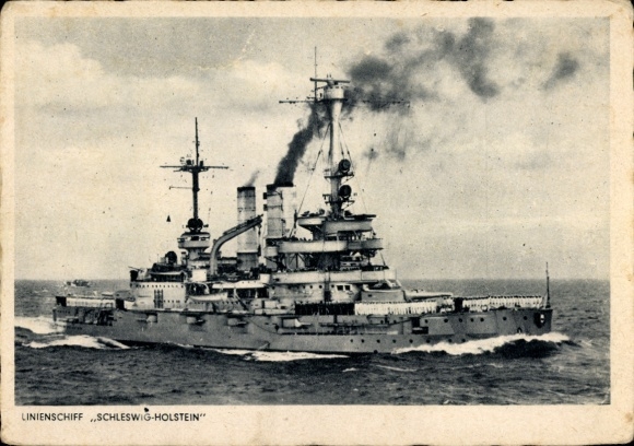 Postcard German warship, battleship Schleswig Holstein, Kriegsmarine