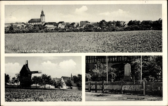 Postcard Grossenstein in Thuringia, windmill, memorial, bookbindery Alfred Gerstner, total view