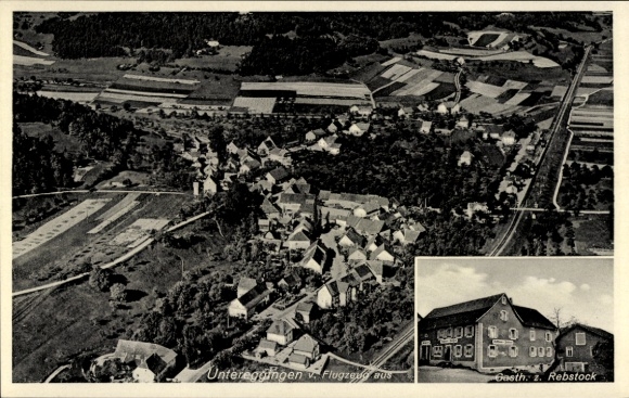 Postcard Untereggingen Eggingen in Baden, aerial photograph, Gasthaus z. Rebstock