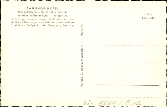 Postcard Pommelsbrunn in Middle Franconia, Bahnhof Hotel, owner Wilhelm Lutz, Restaurant