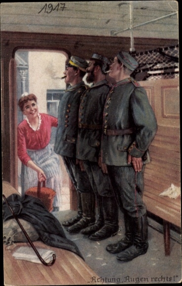 Artist Postcard Attention, Eyes right, Always an expert, Soldiers in a train compartment, Young woman