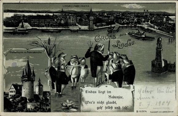 Moonlight Chromo-Litho Lindau on Lake Constance Swabia, Panorama, Diebsturm, St. Peter's Church, singing frogs