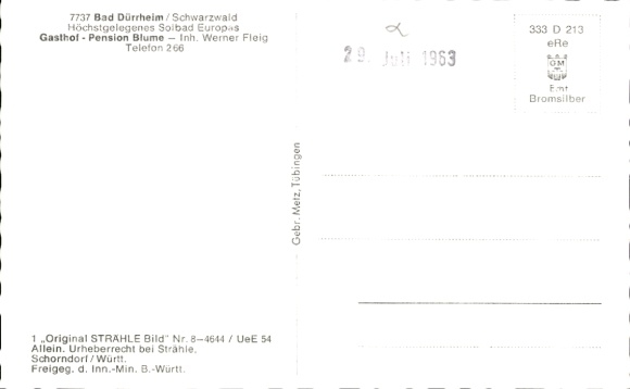 Postcard Bad Dürrheim in the Black Forest, aerial photograph, Gasthof Pension Blume