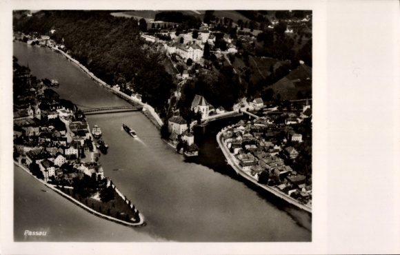 Postcard Passau in Lower Bavaria, aerial view of rivers, bridges, buildings