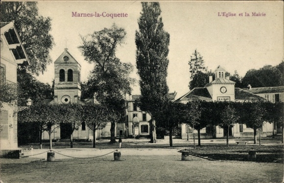 Ak Marnes la Coquette Hauts de Seine, Place des Fetes, Bureau du Telegraphe, Kirche, Rathaus