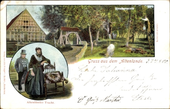 Ak Lühe Jork im Alten Land, Kirschenernte, Altländer Tracht, Gasthaus, 2. Landungsbrücke