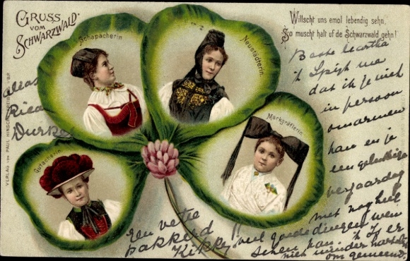 Kleeblatt litho Zwarte Woud-kostuums, Gutacherin, Schapacherin, Neustädterin, Markgräflerin