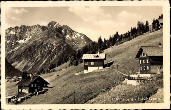 Ak Mittelberg im Allgäu, Berglandschaft, traditionelle Holzhäuser, Mittelberg Tobel