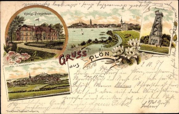 Litho Plön in Schleswig Holstein, Prinzenhaus, Aussichtsturm, Panoramablick auf die Stadt