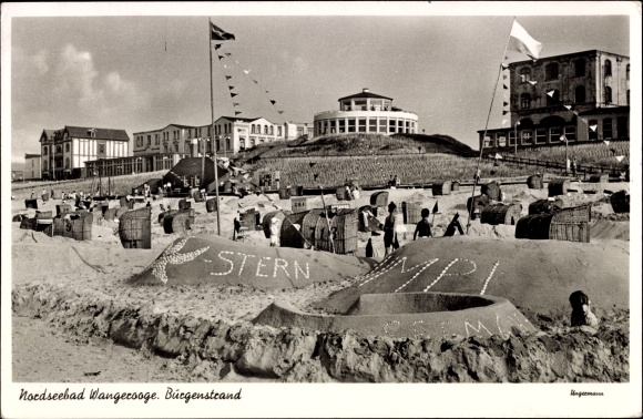 Postcard North Sea resort of Wangerooge in East Frisia, beach, castle beach, sand castles