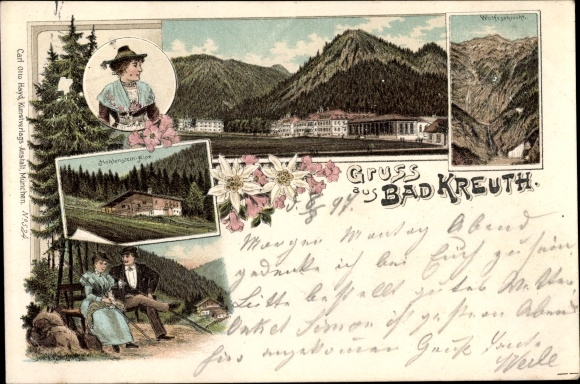 Chromo-Litho Kreuth am Tegernsee Oberbayern, panorama, woman in costume, Wandersleut, Wolfsschlucht