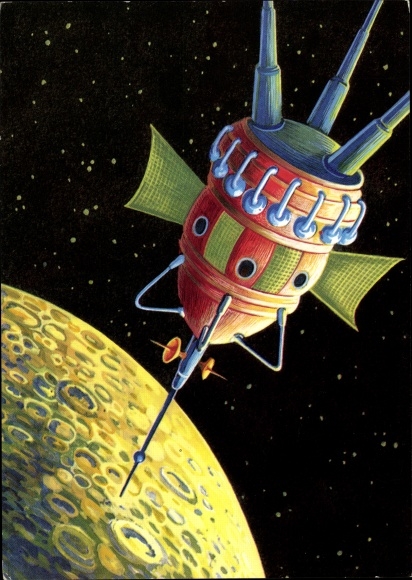 Artist Postcard Manned Lunar Module Approaching the Earth's Satellite, Space Travel