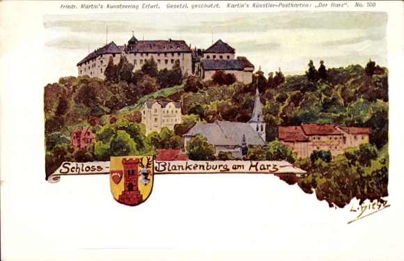 Artist Postcard Blankenburg am Harz, castle, city view