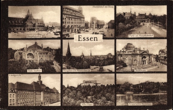 Postcard Essen in the Ruhr area, central station, city theater, Krupp&#39;sches Bootshaus, Villa Hügel, regional court
