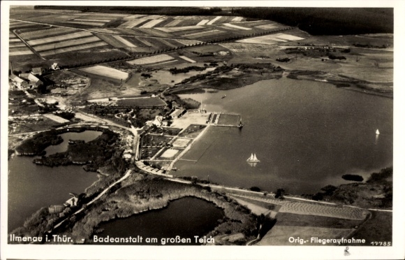 Postcard Ilmenau in Thuringia, aerial photograph, bathing establishment at the large pond