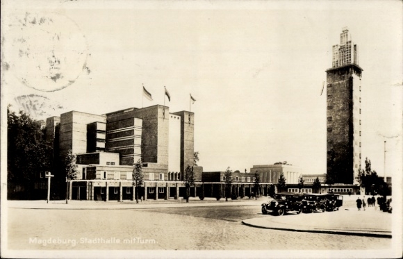Ak Magdeburg an der Elbe, Stadthalle, Albinmüller Turm, Automobile