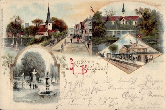 PC Hamburg Bergedorf, three views of the castle, train station, and Kaiser Wilhelm monument