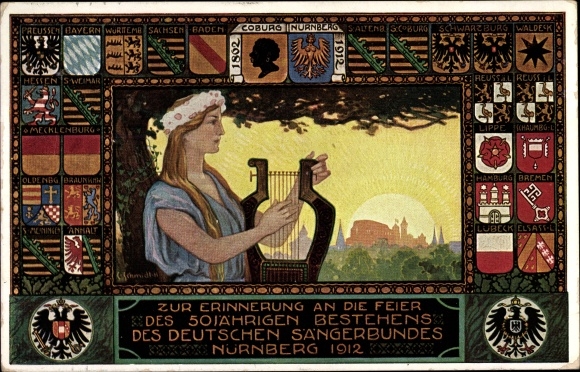 Artist coat of arms PC Nuremberg in Middle Franconia, 50th anniversary of the Deutscher Sängerbund 1912