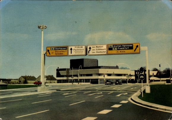 Postcard Leverkusen in the Rhineland, traffic signs, parking garage, cultural center, truck traffic information