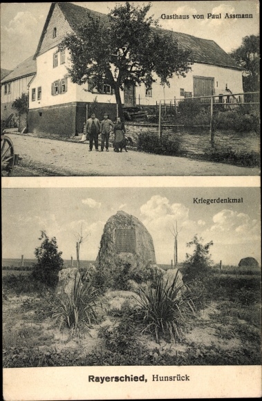 Postcard Rayerschied im Hunsrück, inn, war memorial