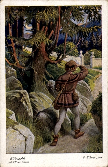 Kunstenaar Ak Elßner, F., Rübezahl en Flötenfranzl, Boheemse muzikant