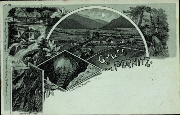 Mondschein Litho Pernitz in Niederösterreich, Myrafälle, Steinwandklamm, Türkenloch, Panorama