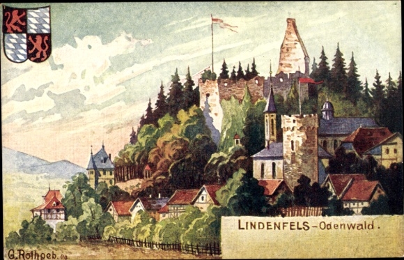 Artist Postcard Rothgeb, G., Lindenfels in the Odenwald, castle, coat of arms