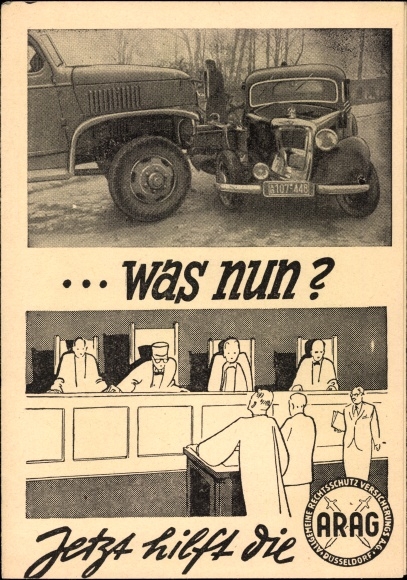 Postcard advertising ARAG, General Legal Protection Insurance AG, traffic accident, judge, court hearing