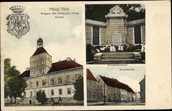 Coat of arms Postcard Pölzig in Thuringia, castle, war memorial, main street