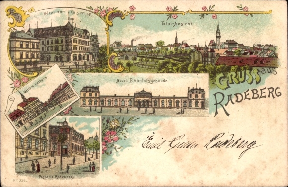 Chromo-Litho Radeberg in Saxony, total view, station building, market, Hotel zum Kaiserhof