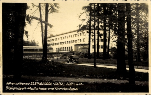 Postcard Elbingerode Oberharz am Brocken, mountain health resort hospital, Deaconess Motherhouse, car