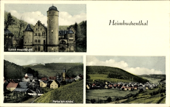 Postcard Heimbuchenthal in the Spessart, Mespelbrunn Castle, general view, church