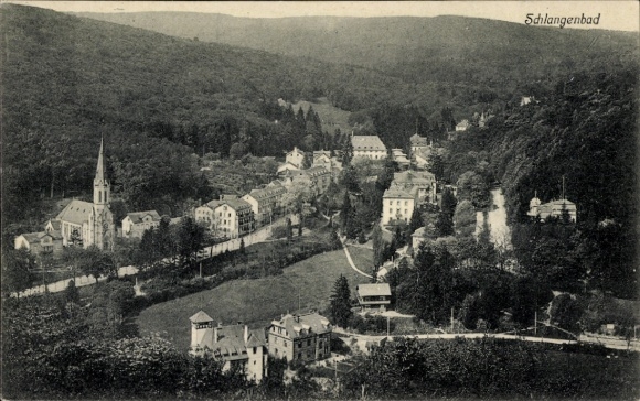 Postcard Schlangenbad in the Taunus Hesse, landscape view, church, building, forest, river